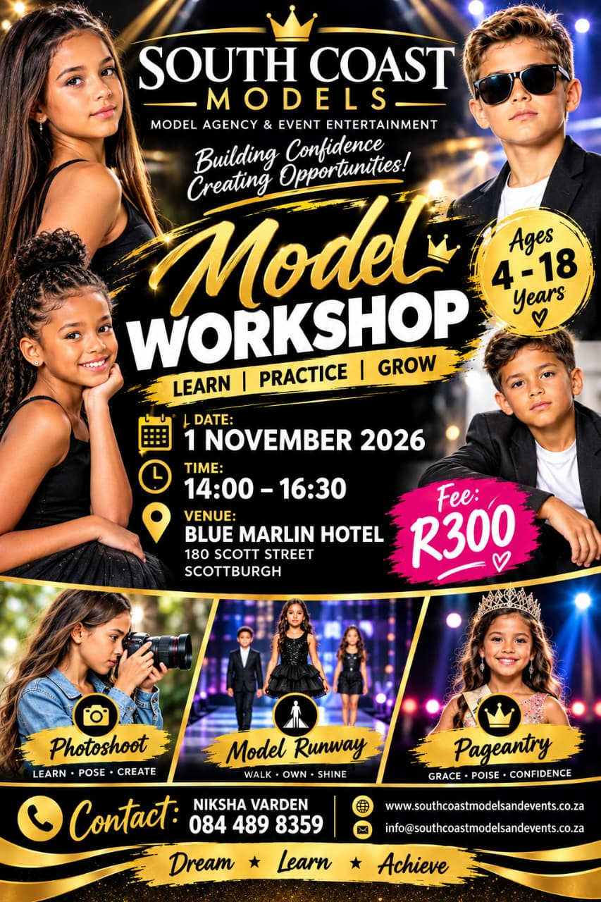 Model Workshop flyer - 1 November 2026, Blue Marlin Hotel, Scottburgh